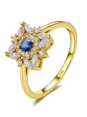Gold-Plated Blue Sapphire Flower Halo Ring